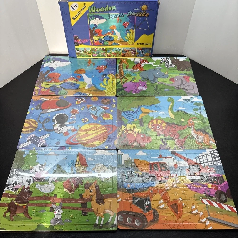 Runlycan Wooden Jigsaw Puzzle | 6 Pack With 60 Pieces Each Theme | Ages 4+